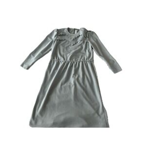 Leslie Fay Vintage 80s Scalloped Bib Knit Dress Sage Green Gray Womens 12/M